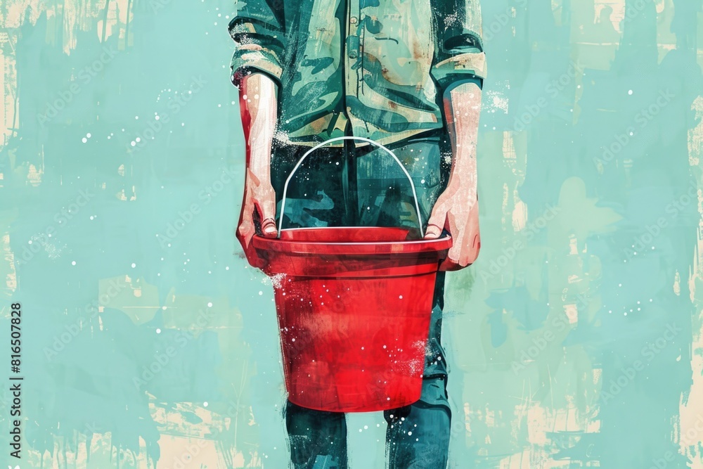 Poster A man holding a red bucket, suitable for various projects