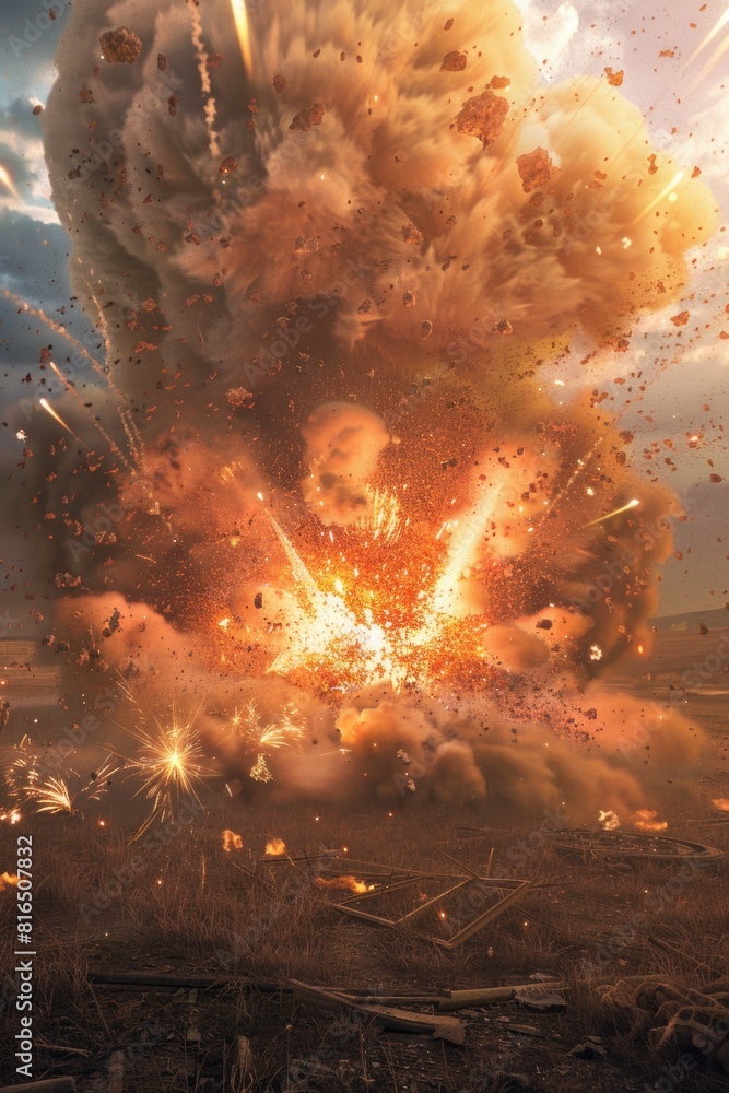 Poster A large explosion captured in a field. Suitable for illustrating danger or disaster