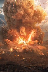 A large explosion captured in a field. Suitable for illustrating danger or disaster
