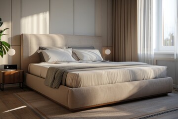 A simple bedroom with a bed and a plant in the corner. Suitable for home decor and interior design concepts