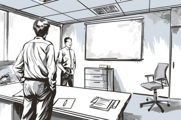 Drawing of two men in an office. Suitable for business concepts