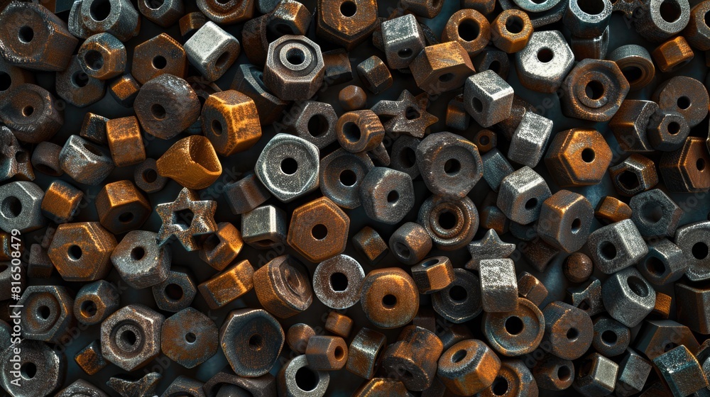 Poster a pile of nuts and bolts stacked on top of each other. great for industrial and construction concept