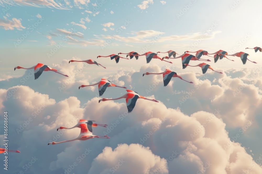 Poster A stunning image of a flock of flamingos flying in the sky. Perfect for nature and wildlife themed designs