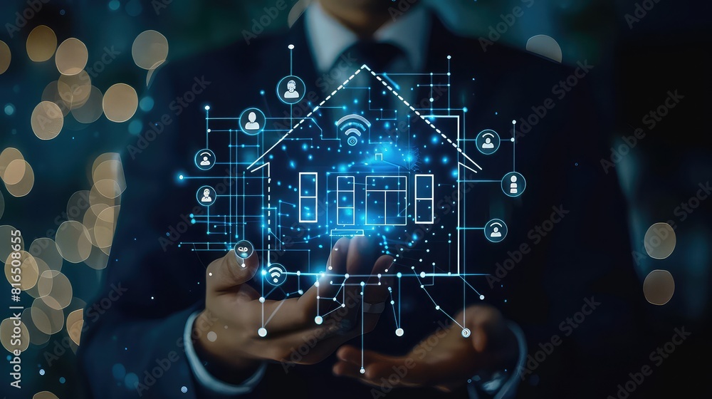 Aufkleber with a forward-thinking approach, a businessman presents a home model adorned with smart home automa