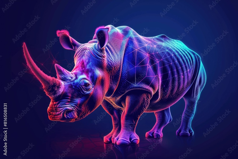 Poster a powerful rhino standing on a black surface, suitable for various design projects
