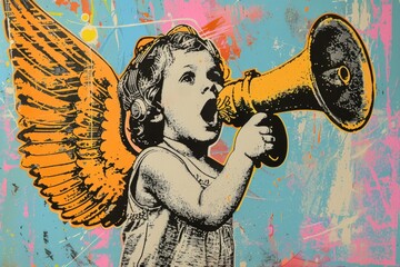 A beautiful painting of an angel holding a megaphone. Ideal for religious or motivational themes