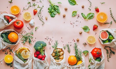 Top view variety fresh of organic fruits ang vegetables in reusable eco cotton bags on solid color background. healthy vegan meal ingredients. zero waste shopping concept. eco-friendly no plastic.