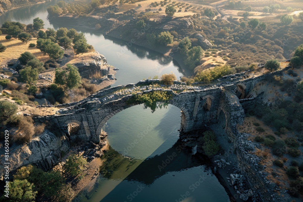 Poster an aerial view of a bridge over a river. suitable for transportation concepts