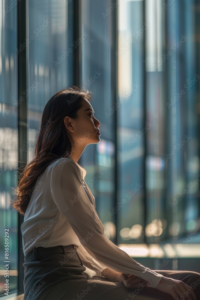 Poster a woman sitting on a bench in front of a window. suitable for lifestyle and relaxation concepts