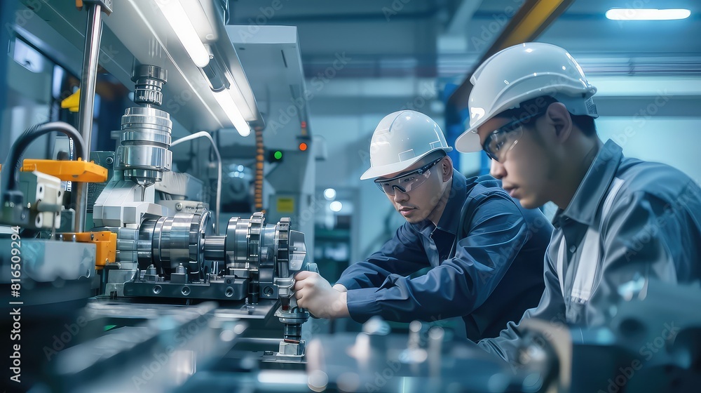 Aufkleber with precision as their guiding principle, two engineers conduct a side view quality check on cnc co