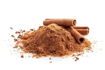 A pile of cinnamon powder with two cinnamon sticks. Great for food and spice concepts