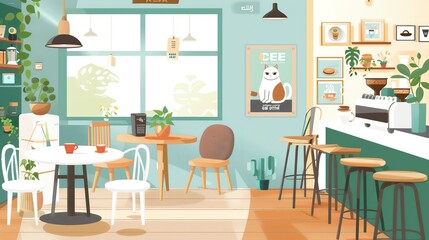 Cat cafe interior scene flat design top view urban leisure theme cartoon drawing vivid
