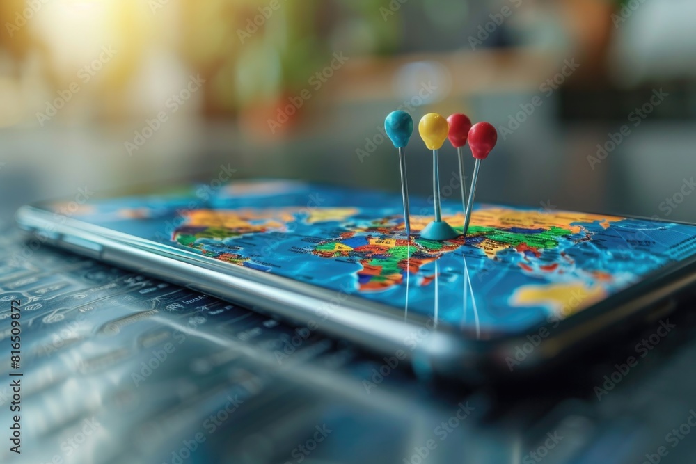 Poster close up of a cell phone on a table, suitable for technology concepts