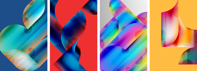 Set of colorful geometric posters - round shapes and circles with fluid color gradients. Abstract backgrounds for wallpaper, business card, cover, poster, banner, brochure, header, website