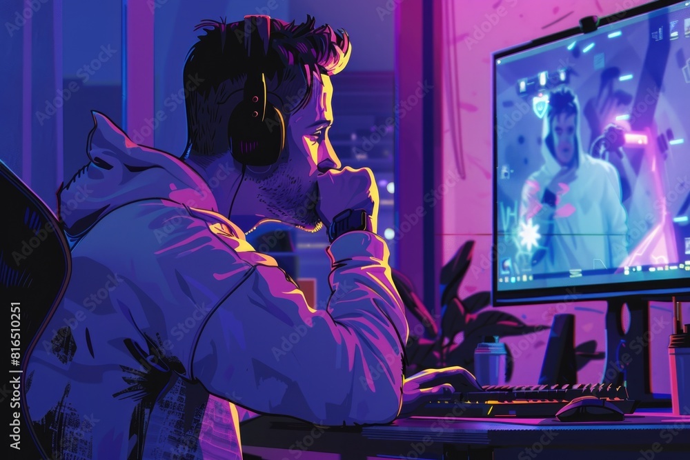 Poster a man sitting in front of a computer wearing headphones. ideal for illustrating work from home conce