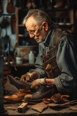 Obraz premium A man focused on repairing shoes, ideal for showcasing craftsmanship