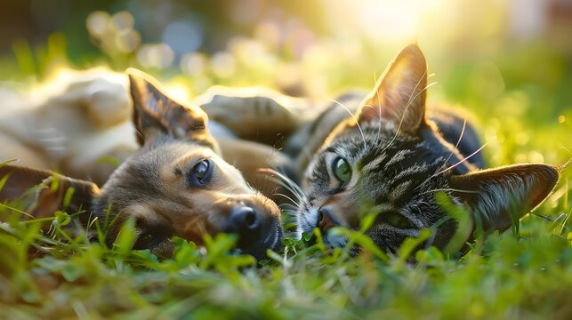 Dog And Cat Best Friends Playing Together Outdoor. Lying On The Back Together.