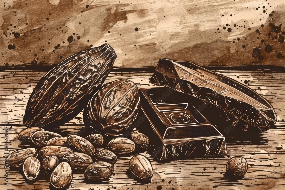 Poster a painting of nuts and a chocolate bar on a table. suitable for food and snack-related projects