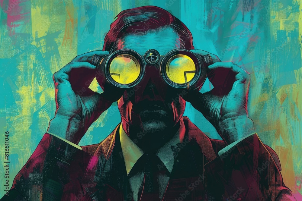 Poster a man in a suit and tie using binoculars, suitable for business concepts