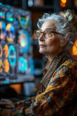 An elderly woman with gray hair, wearing glasses and a colorful jacket, focused on her work at a computer displaying complex data visualizations in a modern, warmly lit room.