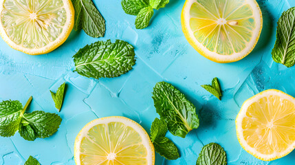Flat lay with lemon slices and mint leaves on blue background, top view. Background for design or banner. Summer holiday concept
