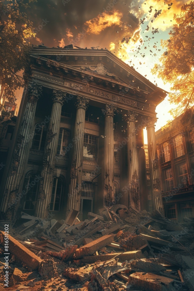 Poster a building with a pile of rubble in the foreground. suitable for construction or demolition concepts