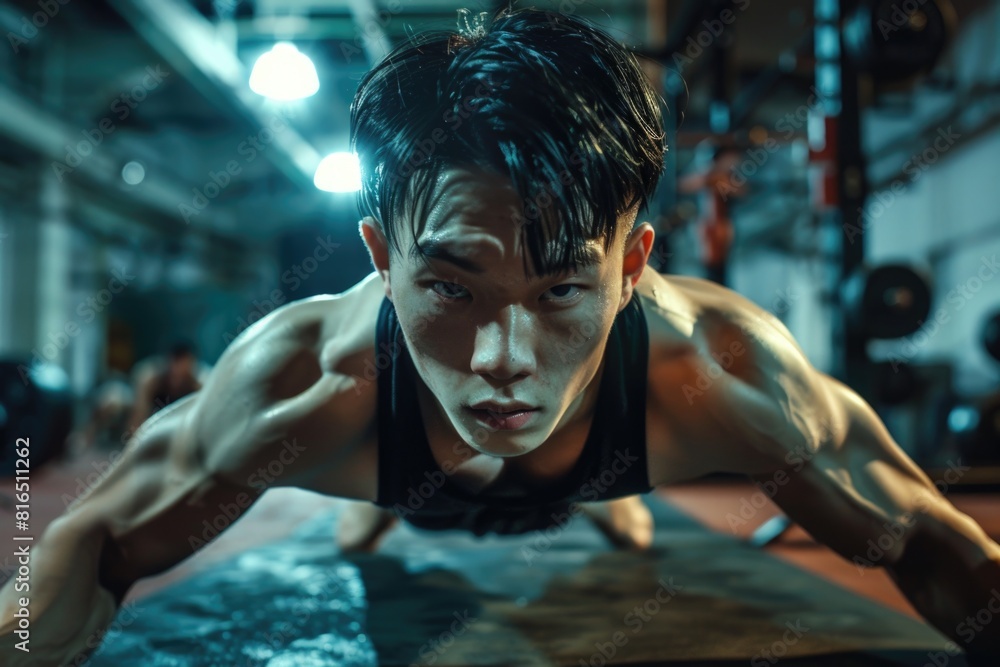 Poster a man working out in a gym. perfect for fitness and exercise concepts