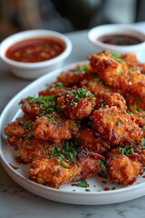A plate of crispy chicken bites garnished with chopped green onions and served with two different dipping sauces. The dish is vibrant, flavorful, and inviting.