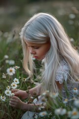 Naklejka premium A little girl standing in a field of colorful flowers. Perfect for springtime themes