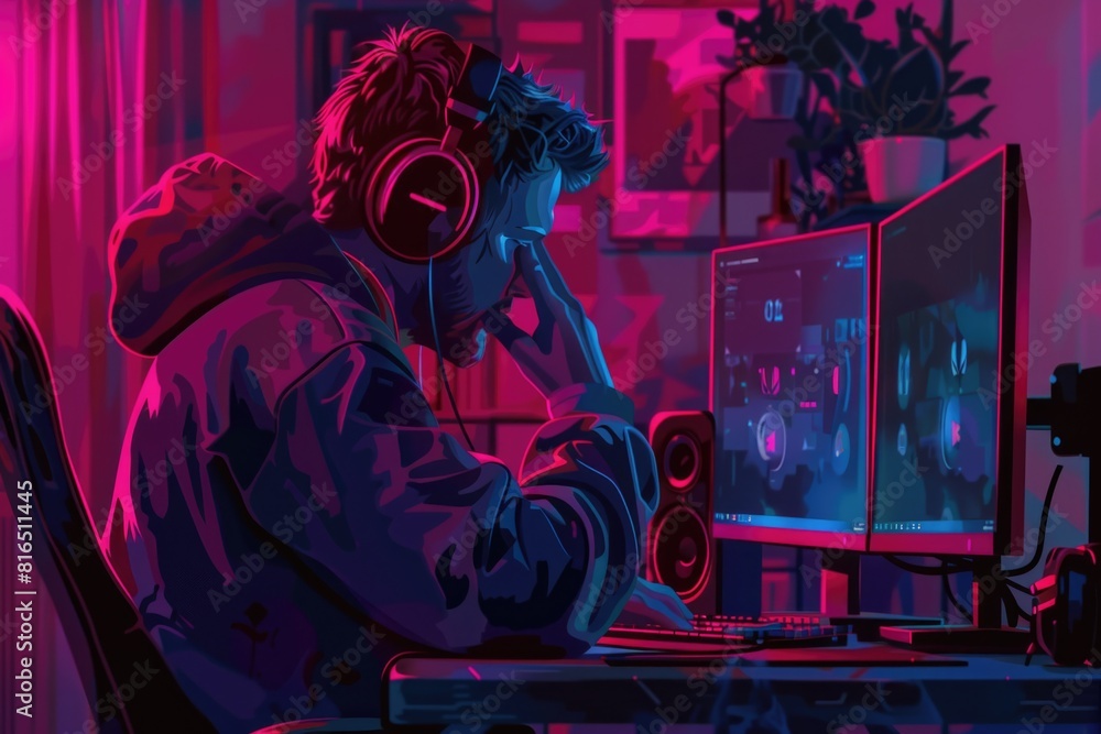 Poster A man sitting at a desk with a computer and headphones. Suitable for technology and remote work concepts