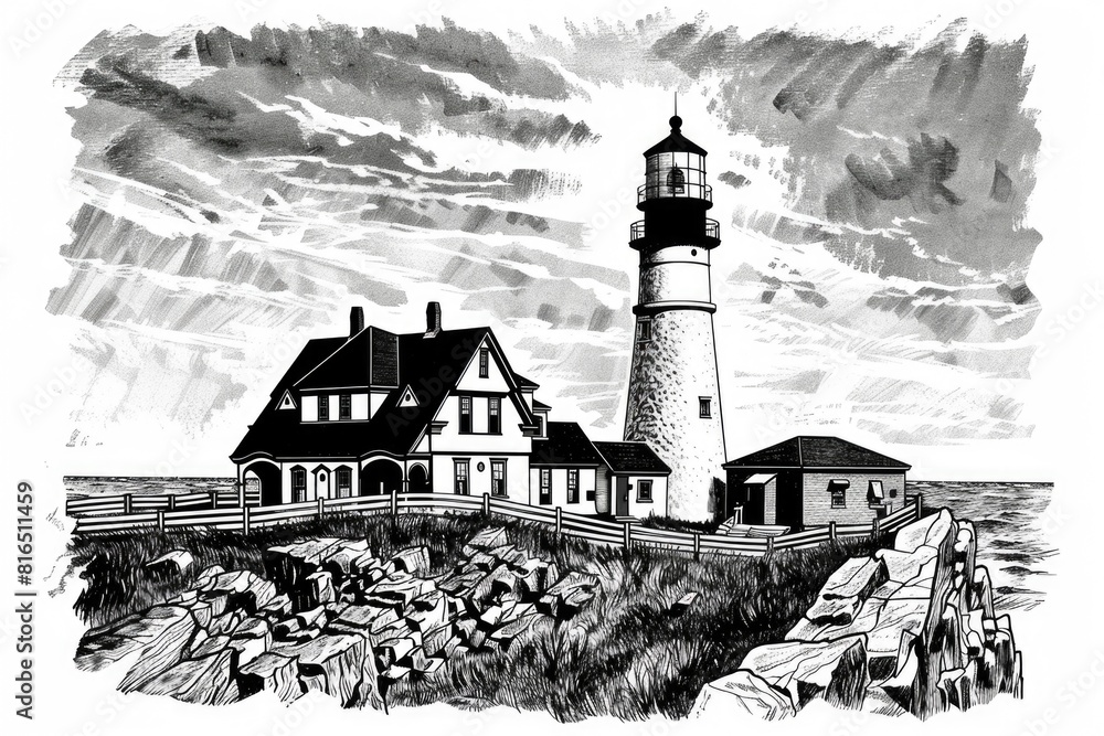 Poster detailed black and white illustration of a lighthouse. suitable for various design projects