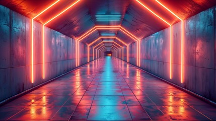 Vibrant, sci-fi inspired corridor with glowing neon lights and a vanishing point perspective