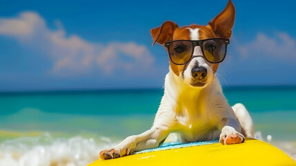 Jack russell dog surfing on yellow surfboard with cool sunglasses in the beach, during sunny day, summer vacation concept