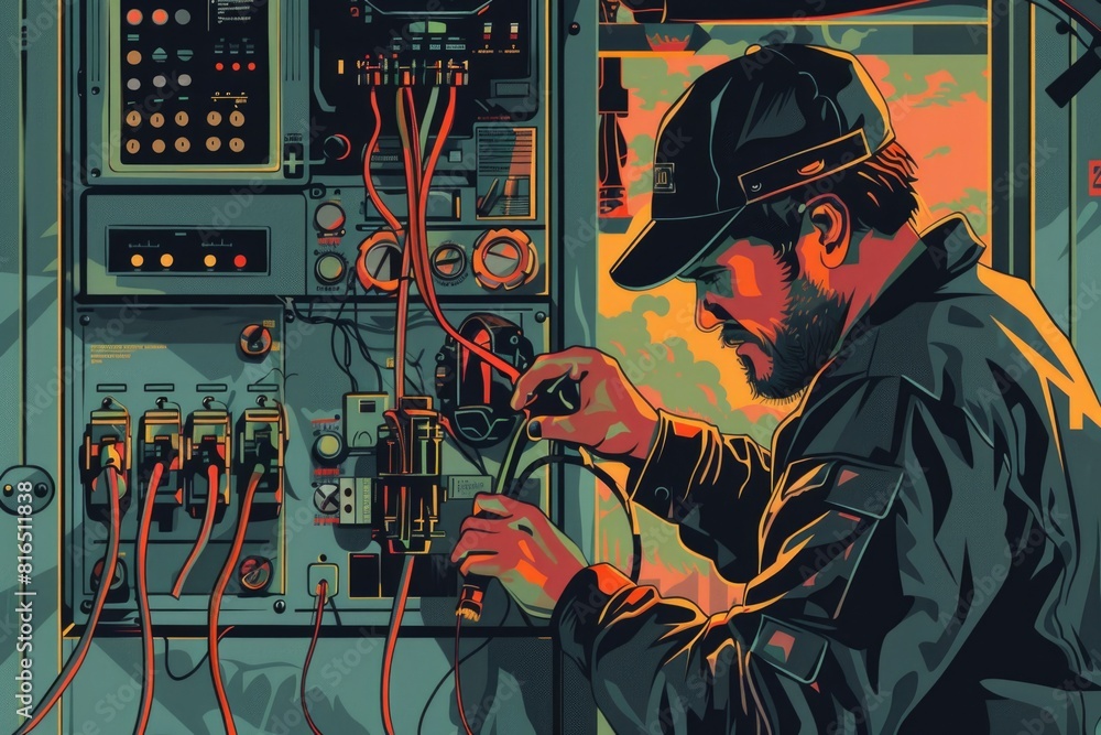 Poster A man in a hat operating a machine. Suitable for industrial concepts