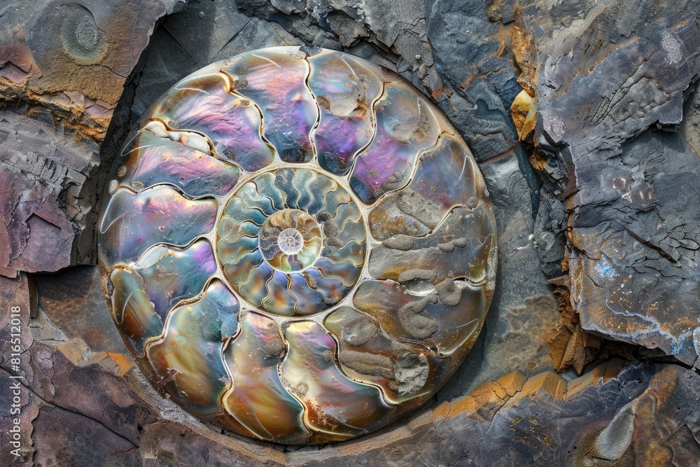 Poster fossilized ammonite shell embedded in a rocky surface. suitable for geology or paleontology themes