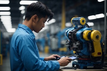 Fototapeta premium technician checking and repairing controller robot using digital tablet in factory