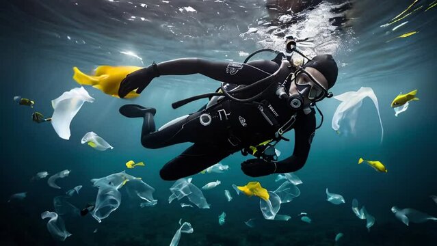 A diver swims underwater surrounded by plastic pollution. Ai Generative.