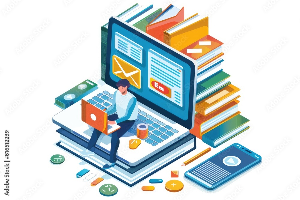 Poster A man standing on a laptop with a stack of books. Suitable for technology and education concepts