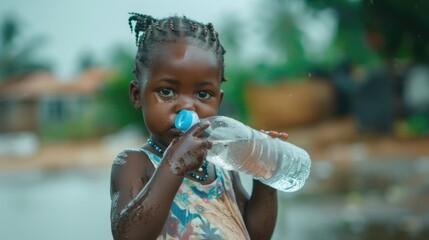 A little girl hydrating with a plastic water bottle, perfect for health and lifestyle concepts