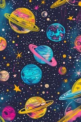 A fantasy doodle invitation with colorful space elements. 