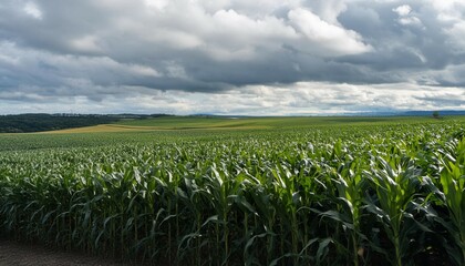 Large field of corn crops under a cloudy sky, casting shadows on the dark green leaves.