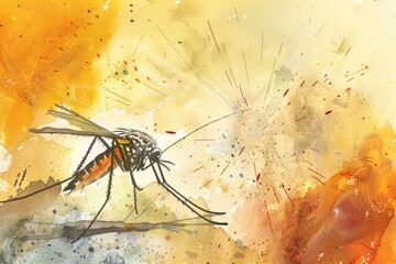 Detailed painting of a mosquito on a bright yellow background. Ideal for educational materials or insect-related designs
