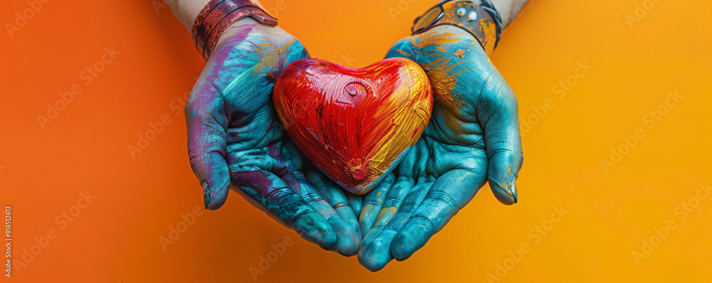 Poster a pair of steampunk-styled rainbow hands gently holds a vibrant red heart against a minimalist color