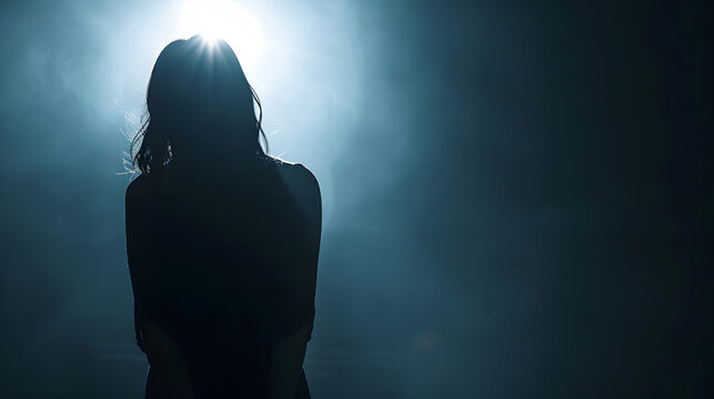 silhouette of depress woman standing in the dark with light shine behind : Generative AI