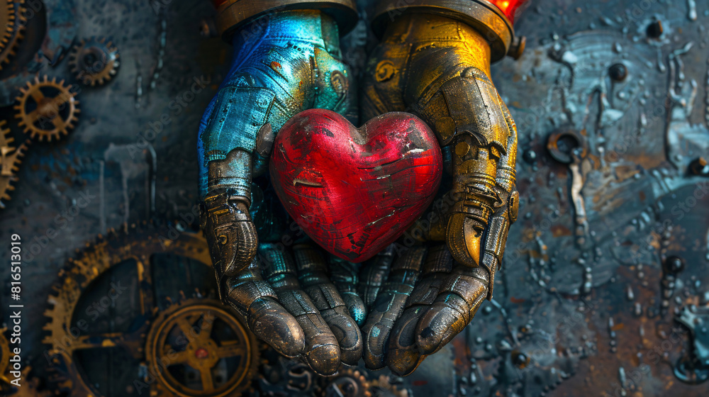 Poster in a minimalistic setting, rainbow hands hold a bright red heart, with steampunk elements such as ge