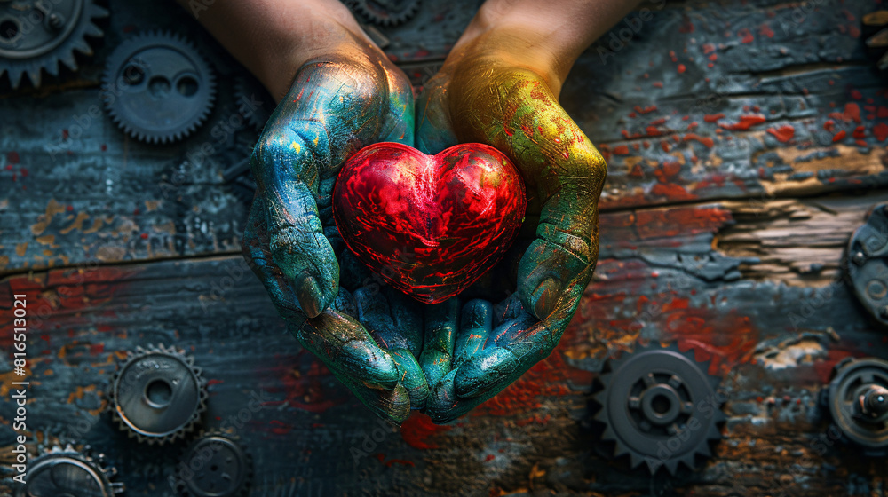 Poster in a minimalistic setting, rainbow hands hold a bright red heart, with steampunk elements such as ge
