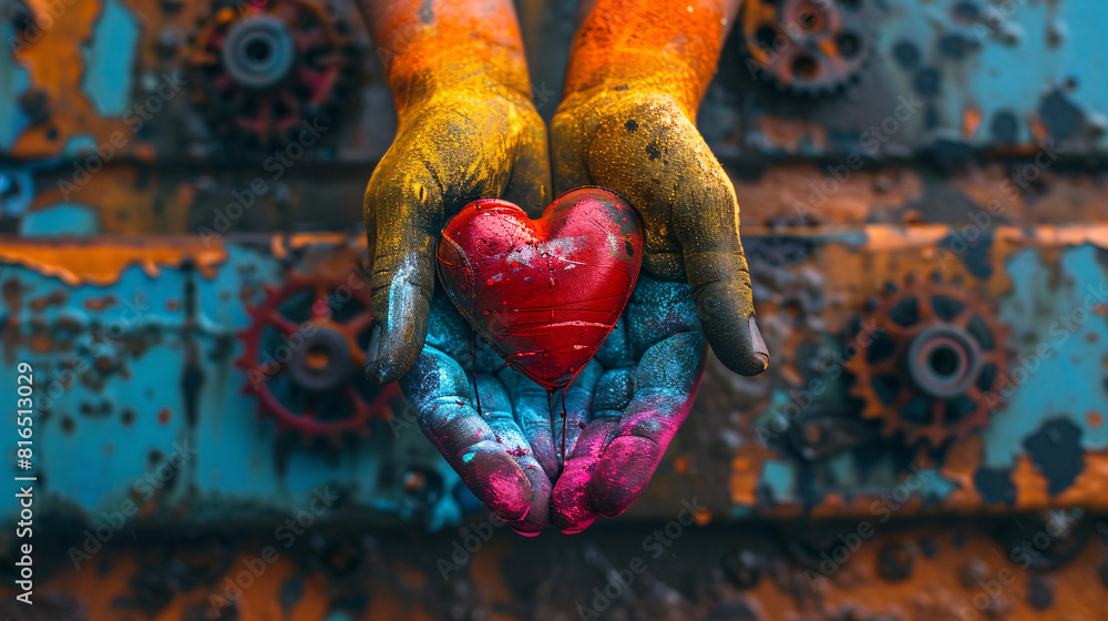 Poster in a minimalistic setting, rainbow hands hold a bright red heart, with steampunk elements such as ge