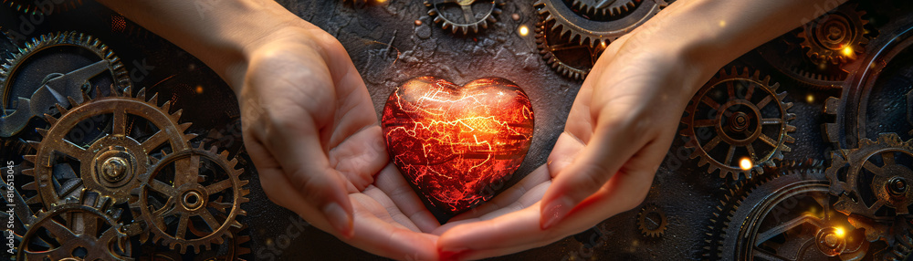 Poster rainbow hands presenting a bright red heart against a steampunk-inspired minimalist background. the 