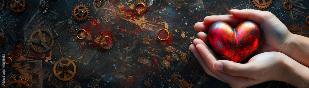 Poster rainbow hands presenting a bright red heart against a steampunk-inspired minimalist background. the 