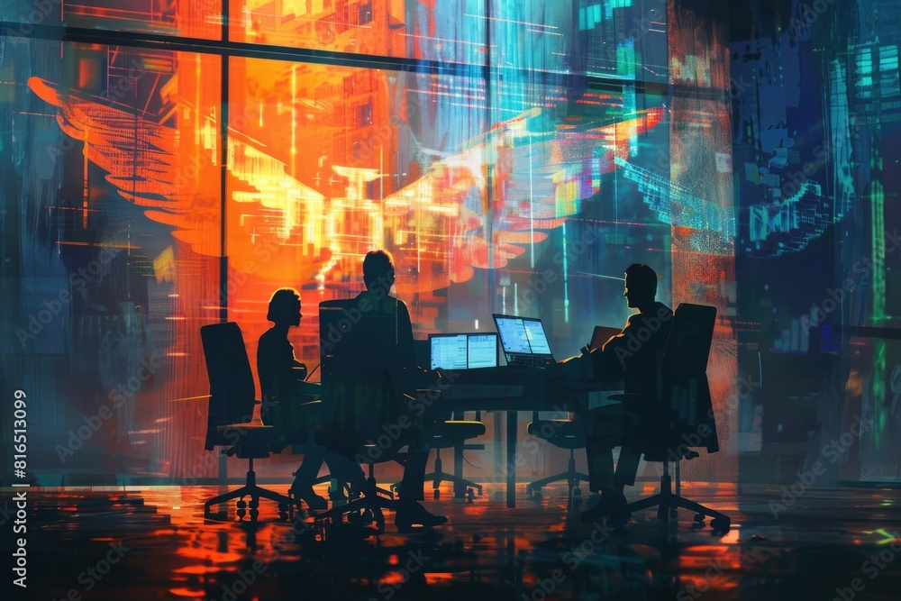 Poster Group of people sitting around a table working on laptops. Suitable for business and technology concepts